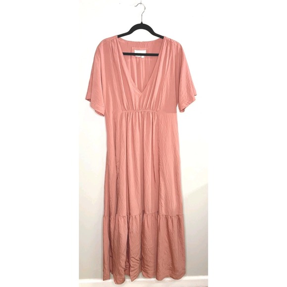 Anthropologie Womens Small Coral Crinkled Short Sleeve Tiered V-Neck Maxi Dress - Picture 1 of 7
